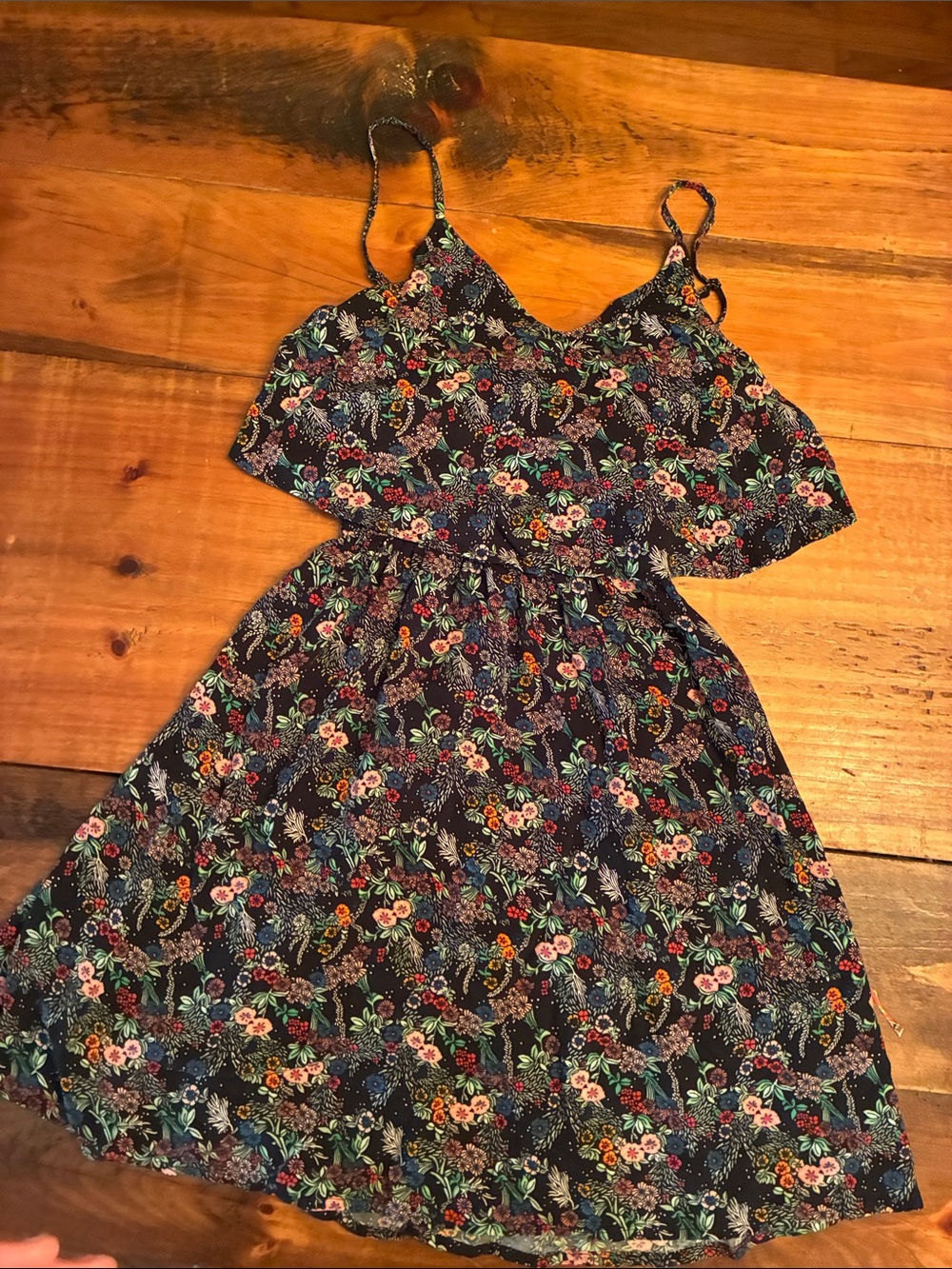 Divided H&M Black Floral Mini Dress with Pink, Green & Orange Accents